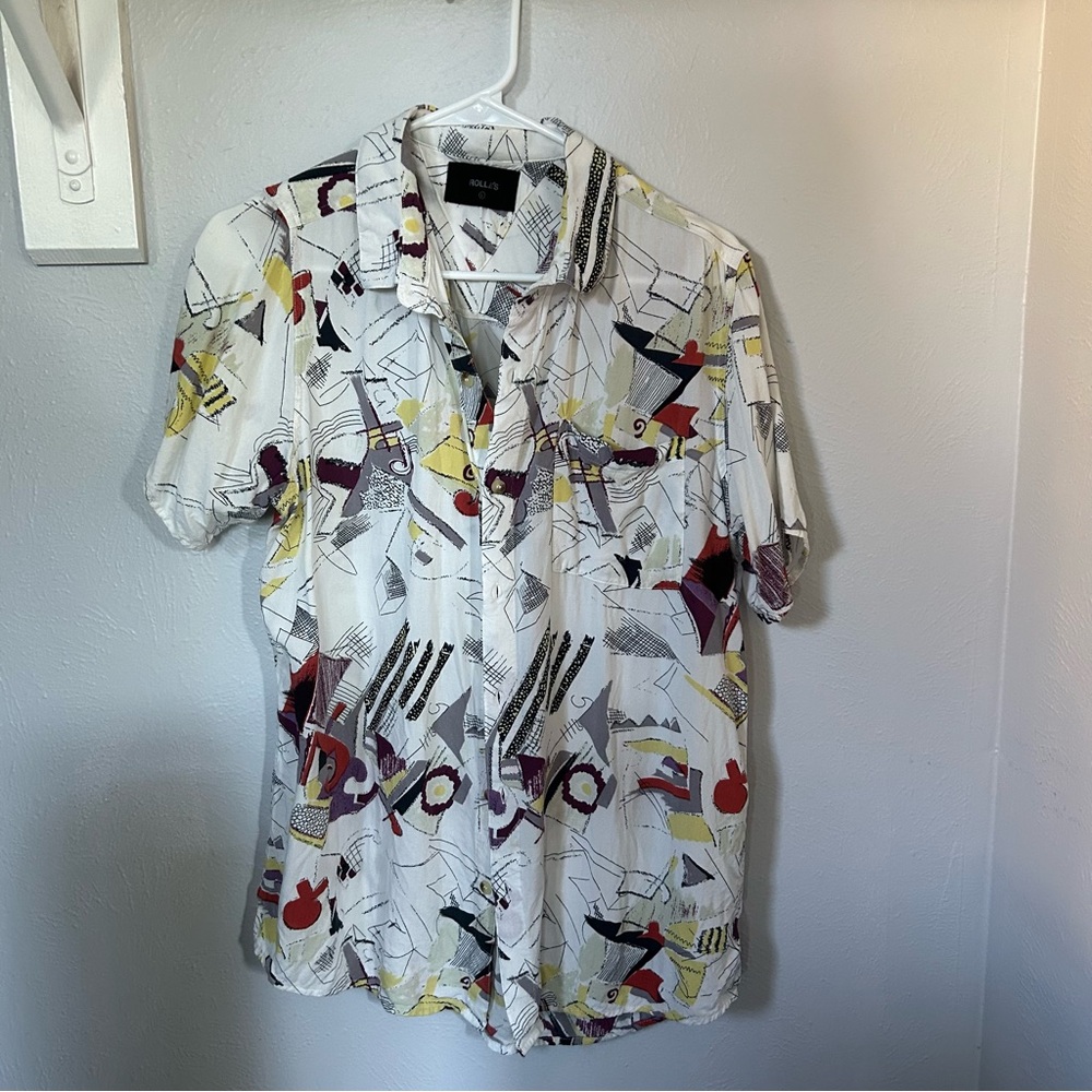 Rollas men’s button down short sleeve artsy abstract geometric print 90s shirt L